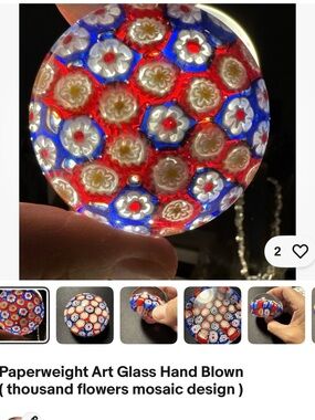 Hand-Blown Millefiori Glass Paperweight - Red, Blue, White